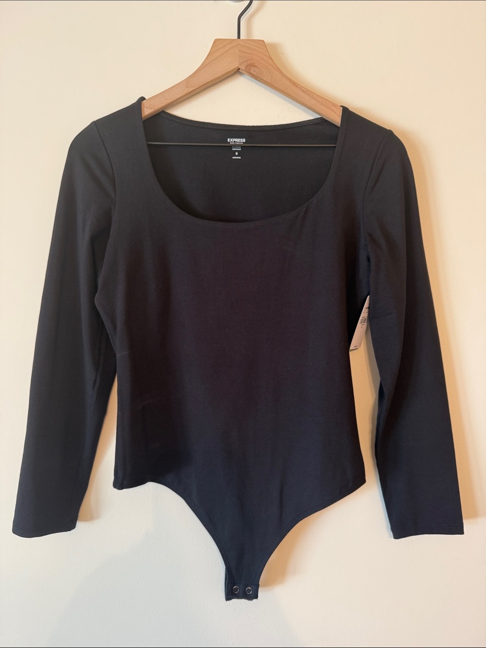 EXPRESS Body Contour Collection Black Scoop-Neck Long Sleeve Bodysuit